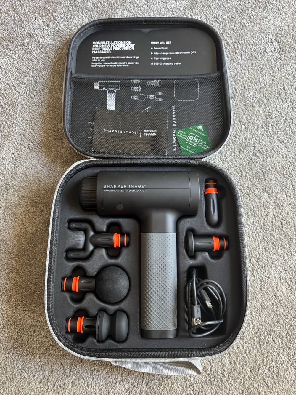 Sharper Image Gray and Black Percussion Massage Gun with Orange Accents - Picture 1 of 6